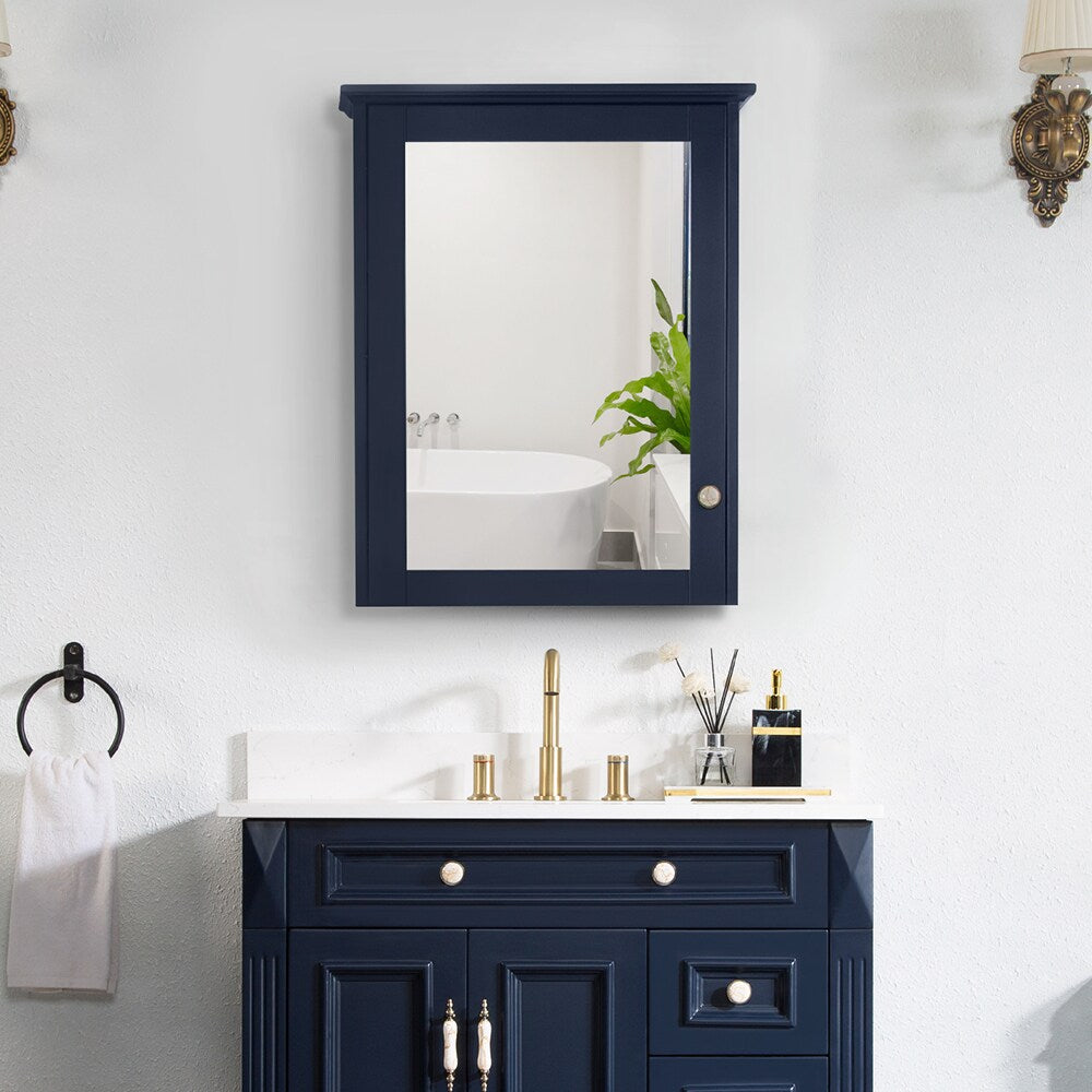 WELLFOR Solid Wood 24 x 30 Surface Mount Navy Blue Mirrored Soft Close Medicine Cabinet