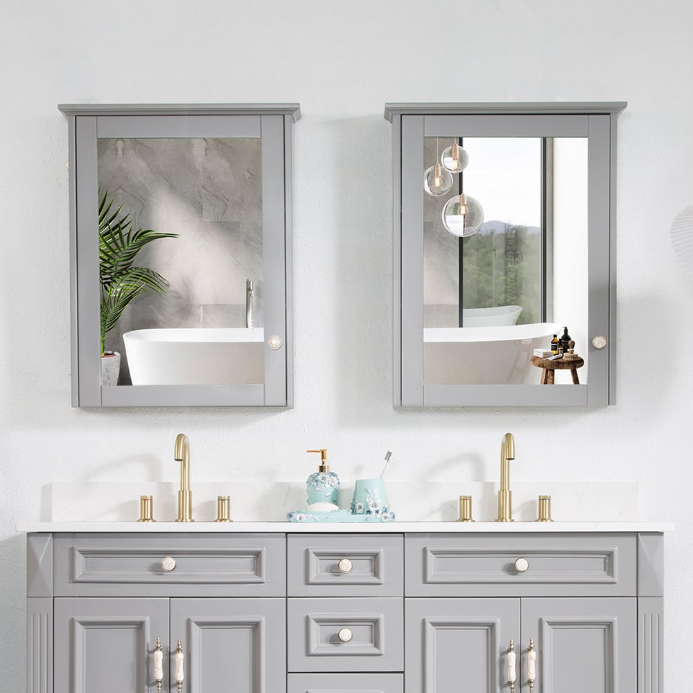 WELLFOR Solid Wood 24-in x 30-in Surface Mount Gray Mirrored Soft Close Medicine Cabinet