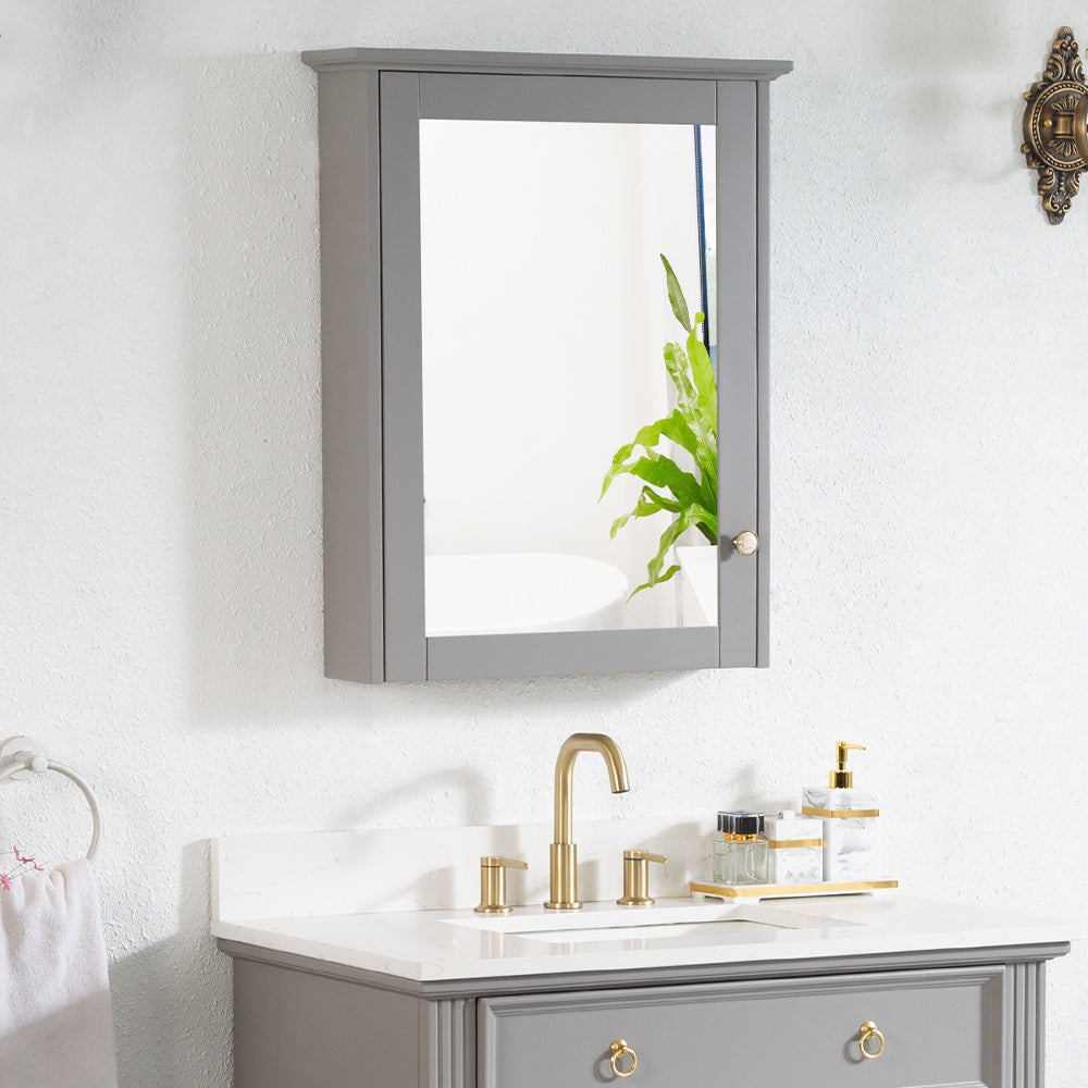 WELLFOR Solid Wood 24-in x 30-in Surface Mount Gray Mirrored Soft Close Medicine Cabinet
