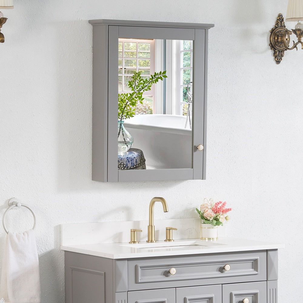 WELLFOR Solid Wood 24-in x 30-in Surface Mount Gray Mirrored Soft Close Medicine Cabinet