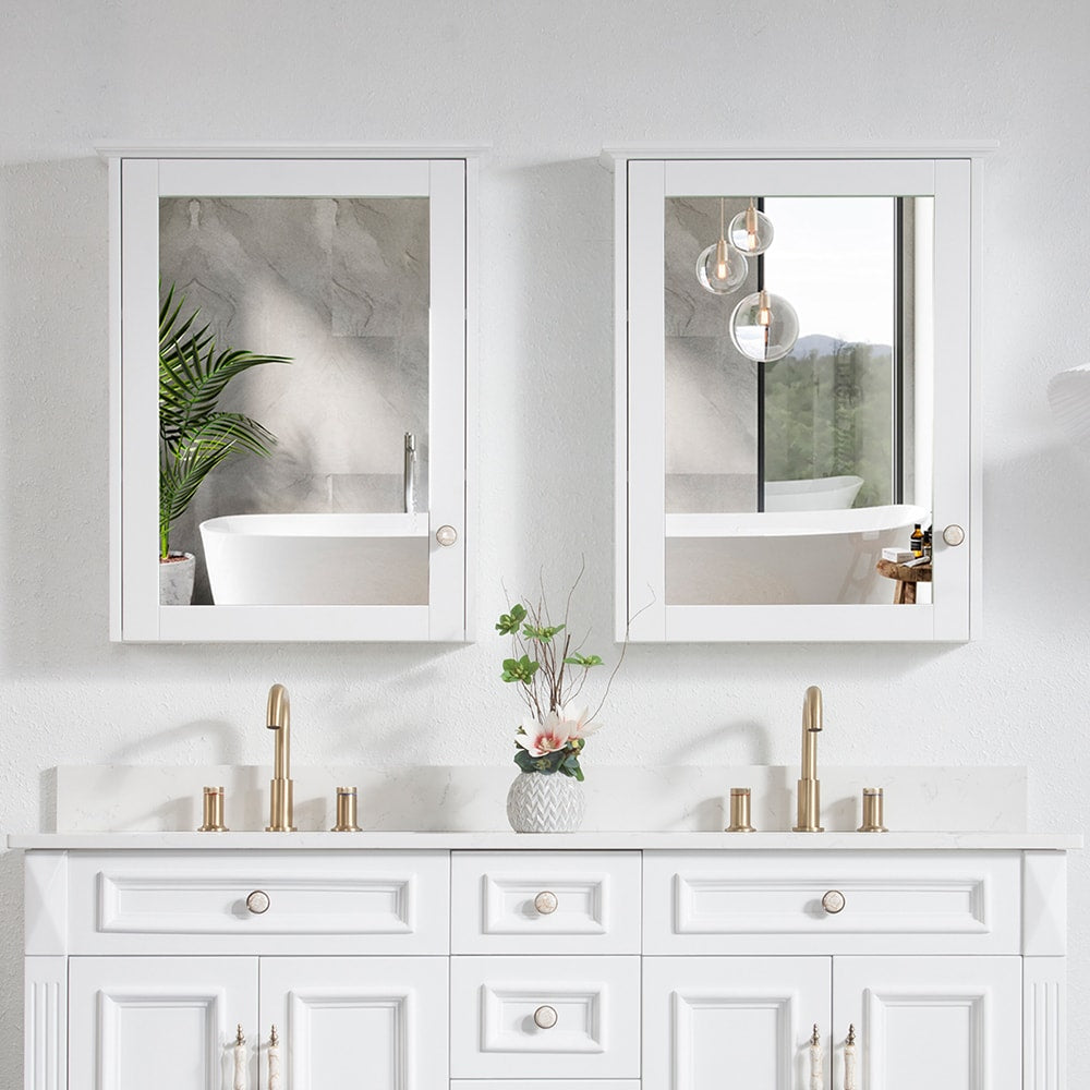 WELLFOR Solid Wood 24-in x 30-in Surface Mount White Mirrored Soft Close Medicine Cabinet