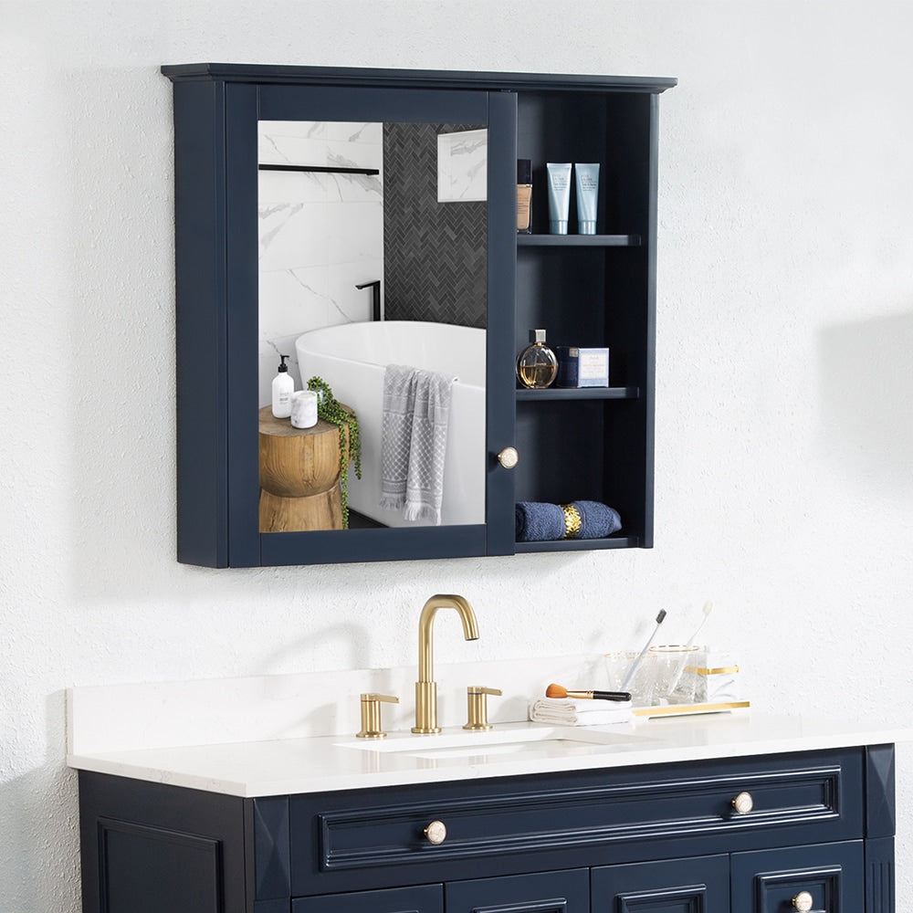 WELLFOR Solid Wood 34-in x 30-in Surface Mount Navy Blue Mirrored Soft Close Medicine Cabinet