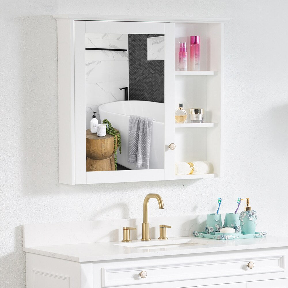 WELLFOR Solid Wood 34-in x 30-in Surface Mount White Mirrored Soft Close Medicine Cabinet