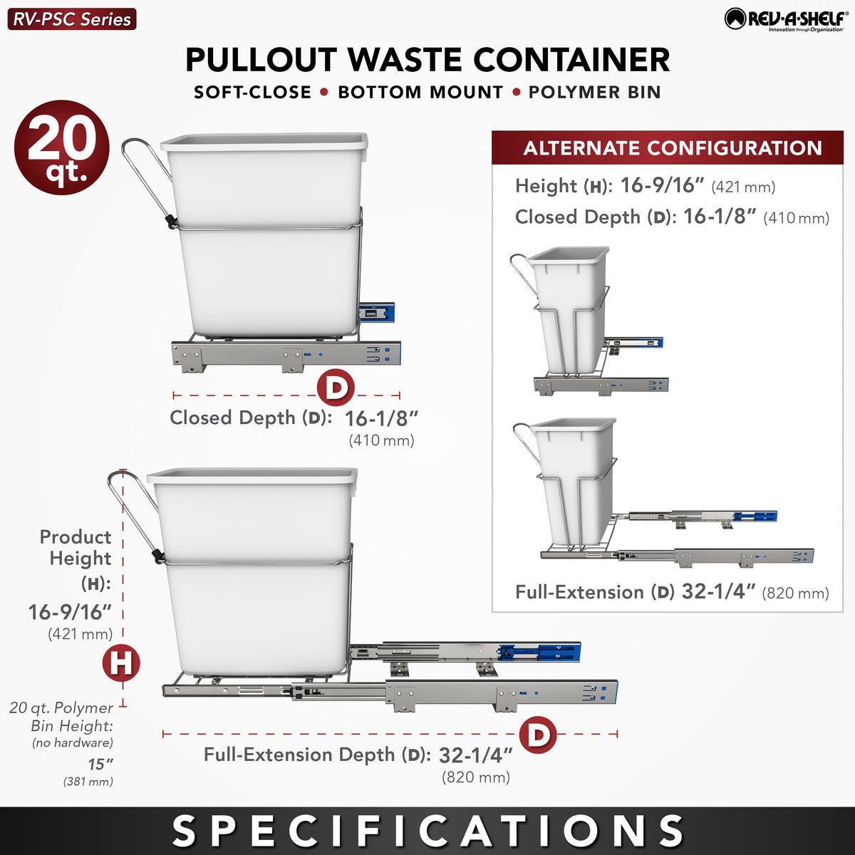 Rev-A-Shelf 20-Quart Soft-Close Pull-Out Trash Can, White Polymer Bin, Bottom-Mount RV-8PSC-11-5
