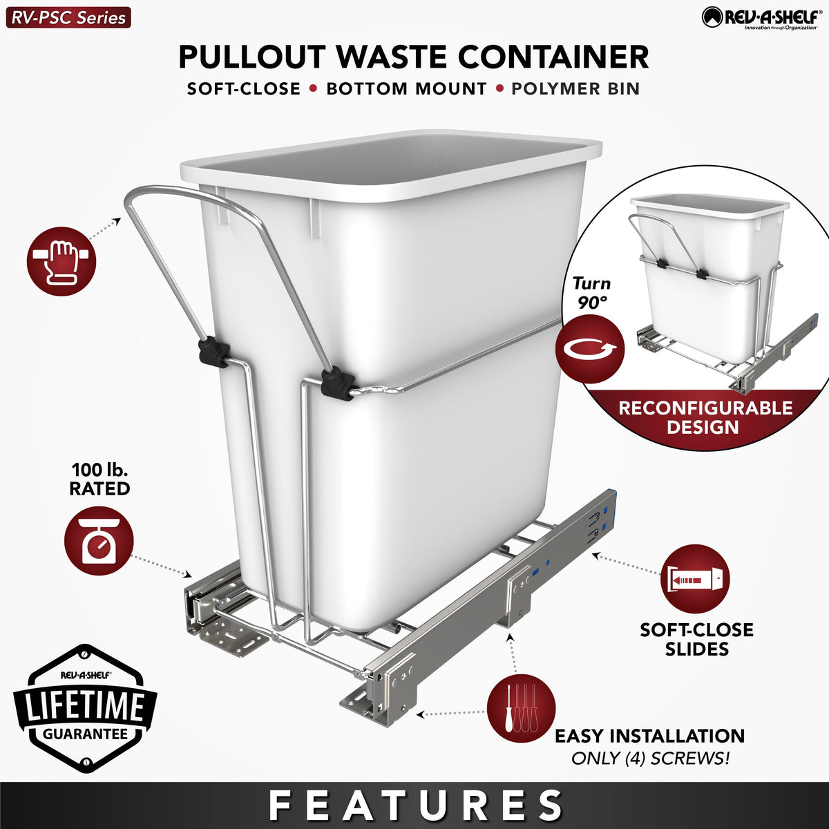 Rev-A-Shelf 20-Quart Soft-Close Pull-Out Trash Can, White Polymer Bin, Bottom-Mount RV-8PSC-11-5