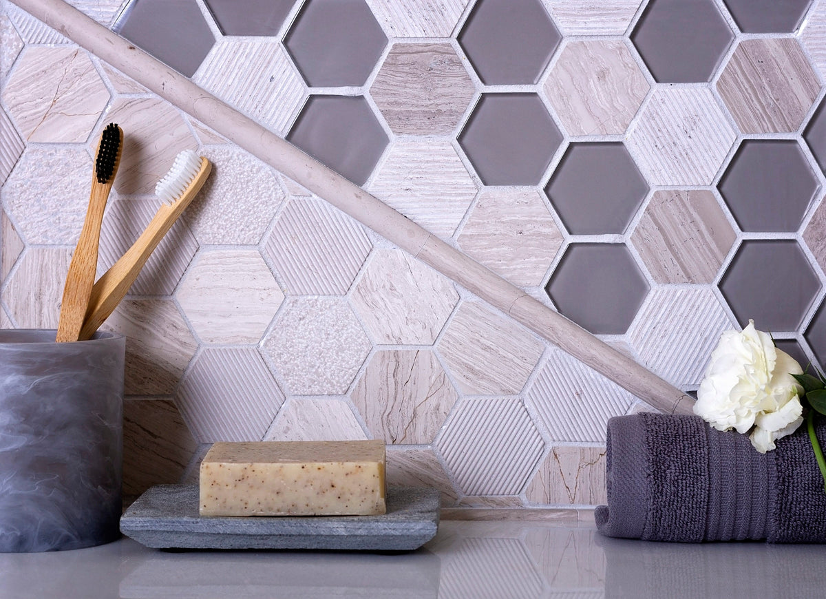 Apollo Tile (Sample) Gray 4-in x 4-in Glossy Glass Honeycomb Floor and Wall Tile