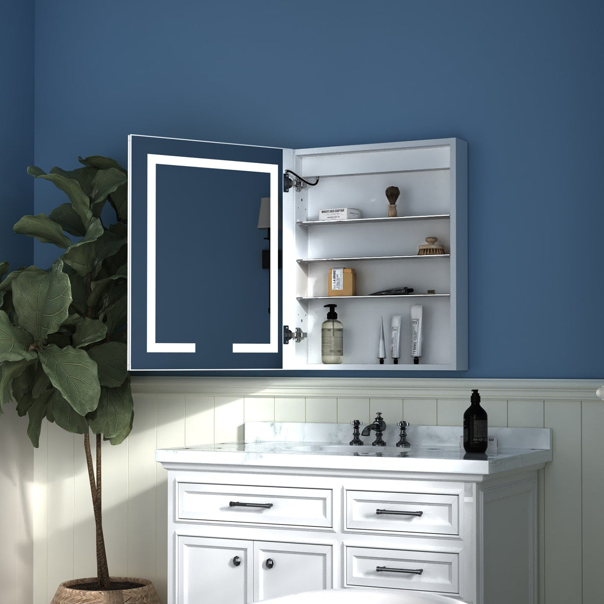 WELLFOR V3 24-in x 30-in Lighted LED Surface/Recessed Mount Aluminum Mirrored Soft Close Medicine Cabinet with Outlet
