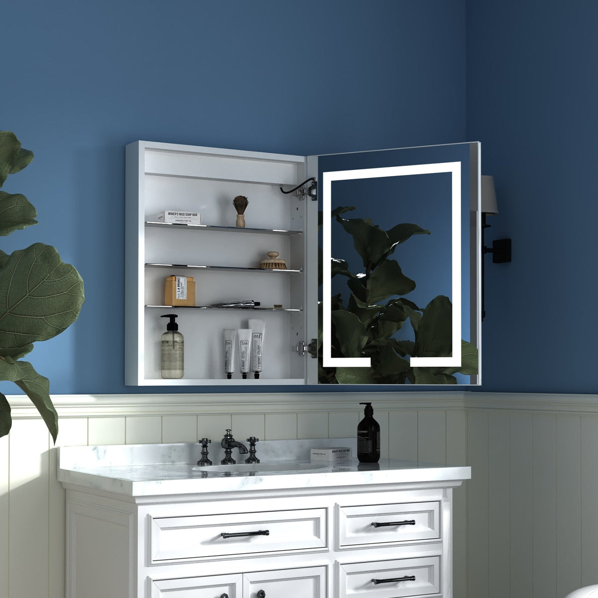WELLFOR V3 24-in x 30-in Lighted LED Surface/Recessed Mount Aluminum Mirrored Soft Close Medicine Cabinet with Outlet