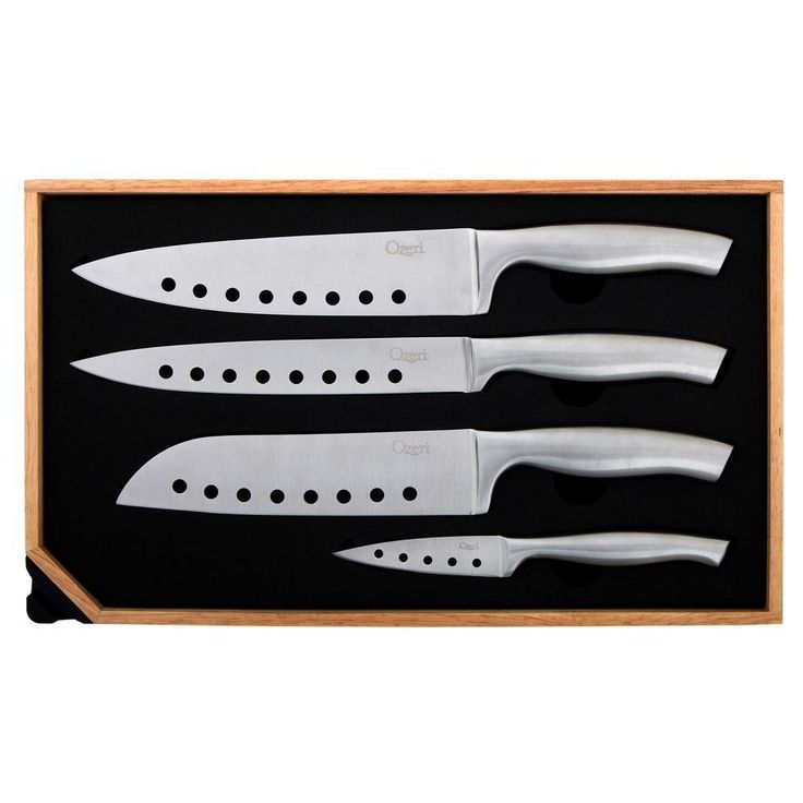 5-Piece Stainless Steel Knife and Sharpener Set, with Japanese Stainless Steel Slotted Blades