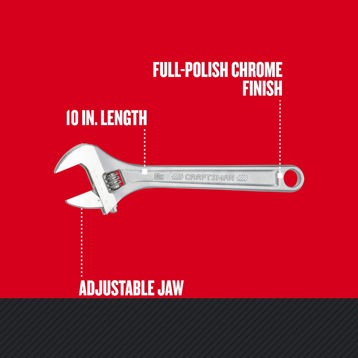 CRAFTSMAN 10-in Steel Adjustable Wrench, Full-Polish Chrome, Individual