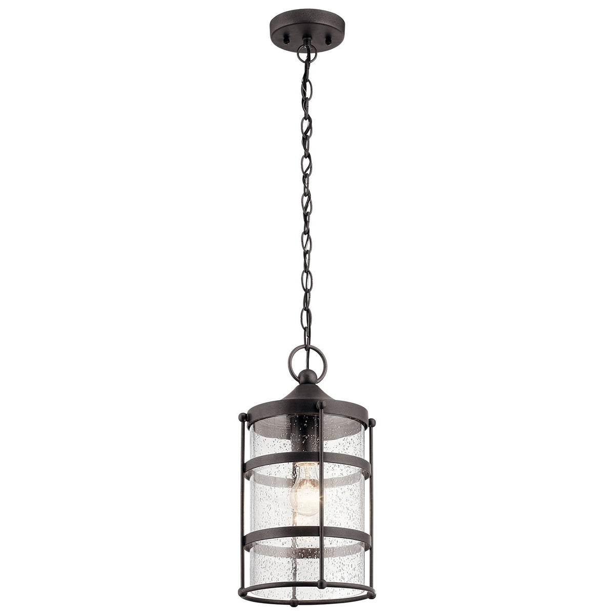 Kichler Mill Lane Anvil Iron Outdoor Hanging Lantern Pendant with Clear Seeded Glass, 16.5-in x 9-in