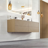 Eviva Lotus 59"W x 19"D Natural Oak Wall Mount Double Sink Bathroom Vanity with White Solid Surface Countertop and Integrated Sinks
