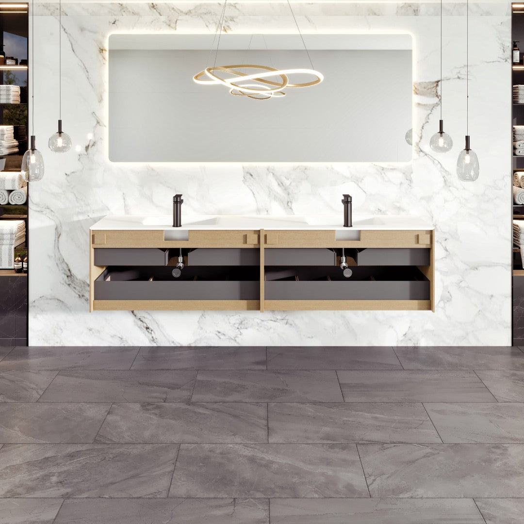 Eviva Lotus 71"W x 19"D Natural Oak Wall Mount Double Sink Bathroom Vanity with White Solid Surface Countertop and Integrated Sinks