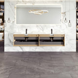 Eviva Lotus 71"W x 19"D Natural Oak Wall Mount Double Sink Bathroom Vanity with White Solid Surface Countertop and Integrated Sinks