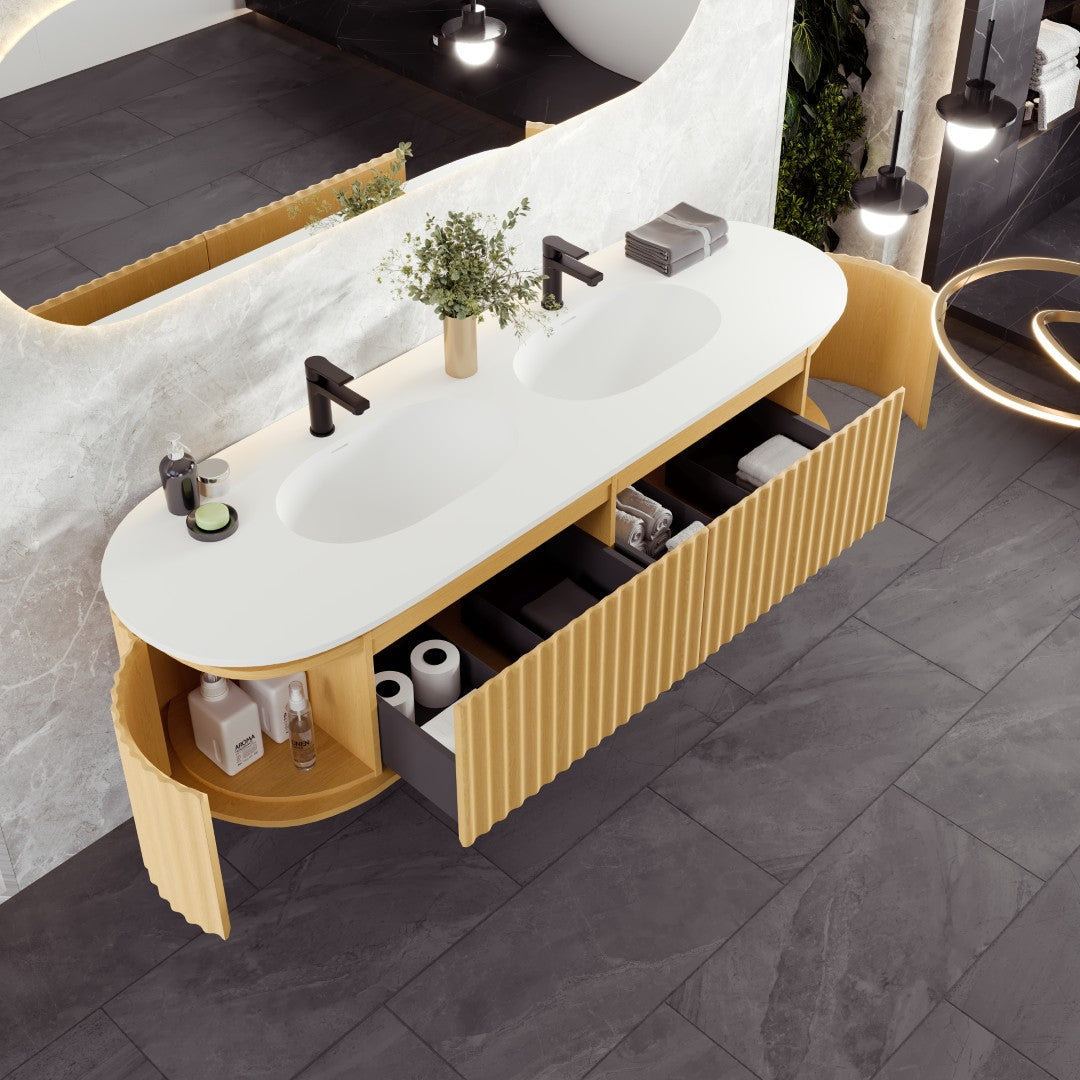 Eviva Haven 71"W x 22"D Natural Oak Double Sink Bathroom Vanity with White Solid Surface Countertop and Integrated Sinks