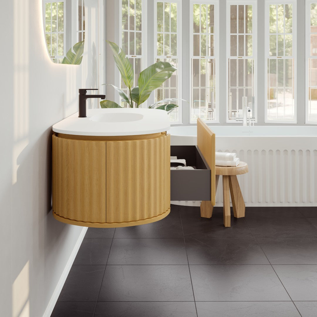 Eviva Haven 55"W x 22"D Natural Oak Wall Mount Bathroom Vanity with White Solid Surface Countertop and Integrated Sink