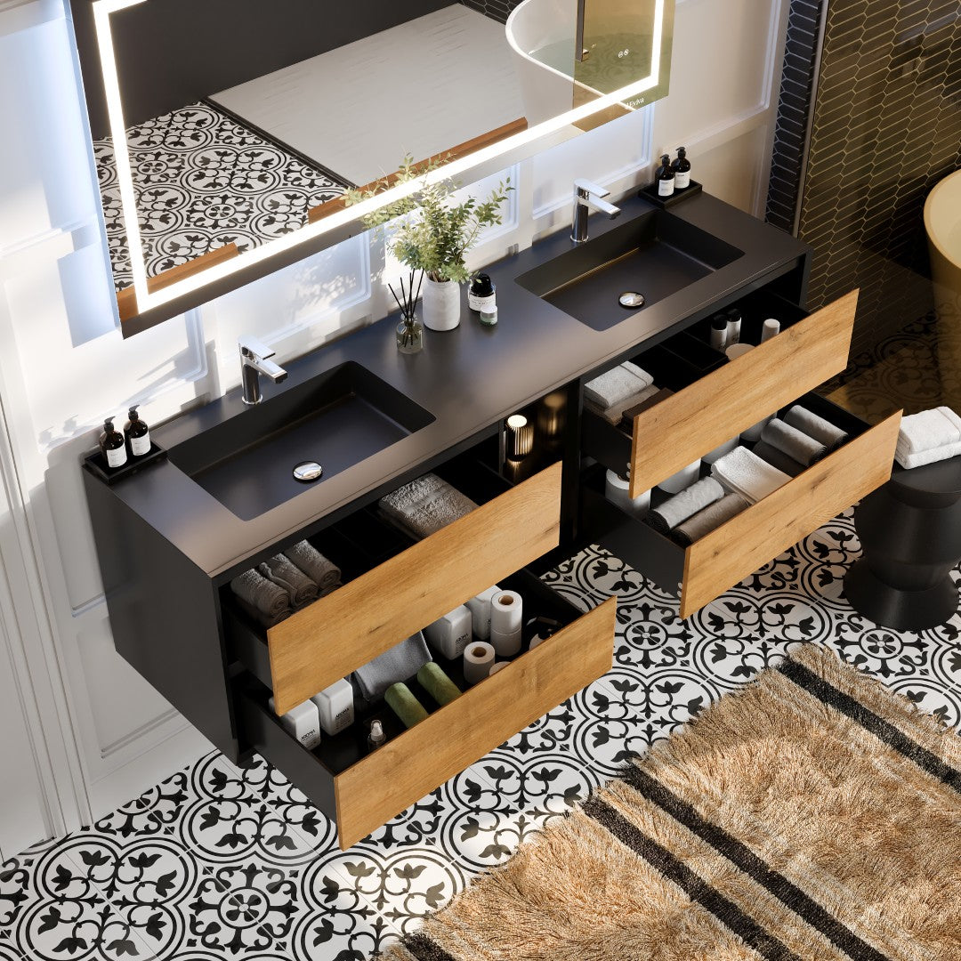 Eviva Vienna 75 in. W x 20.70 in. D x 21.60 in. H Floating Double Bathroom Vanity, Black Oak, Acrylic Top in Black
