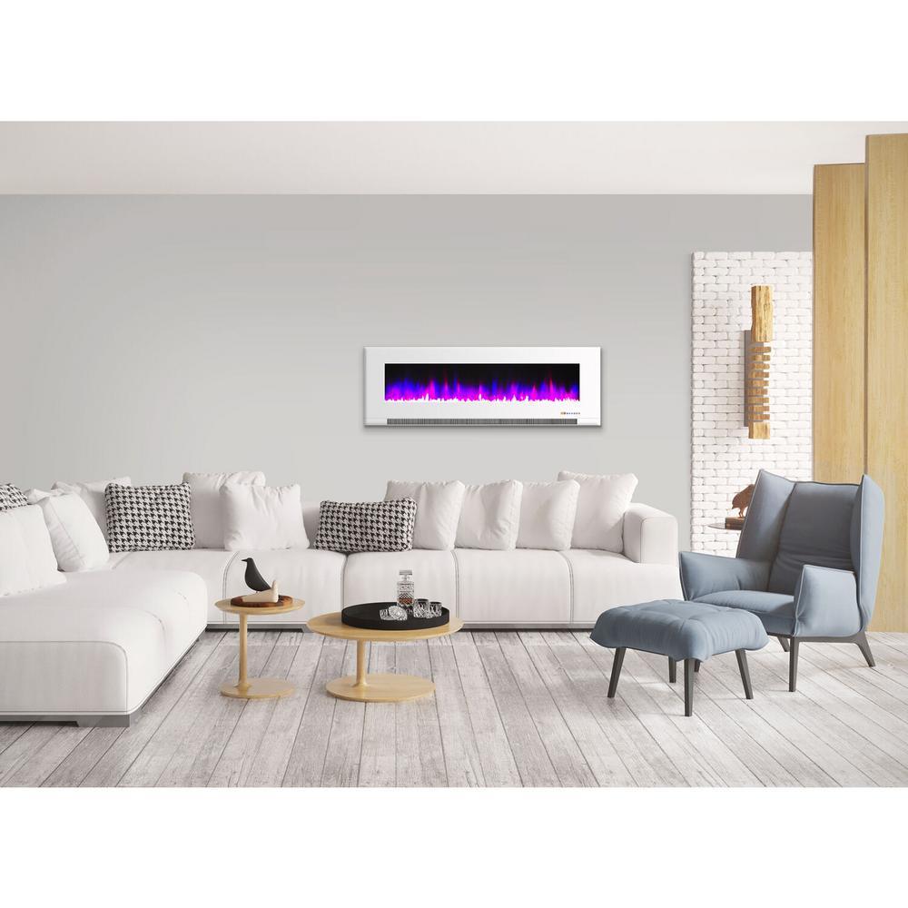 60 in. Wall-Mount Electric Fireplace in White with Multi-Color Flames and Crystal Rock Display - Super Arbor