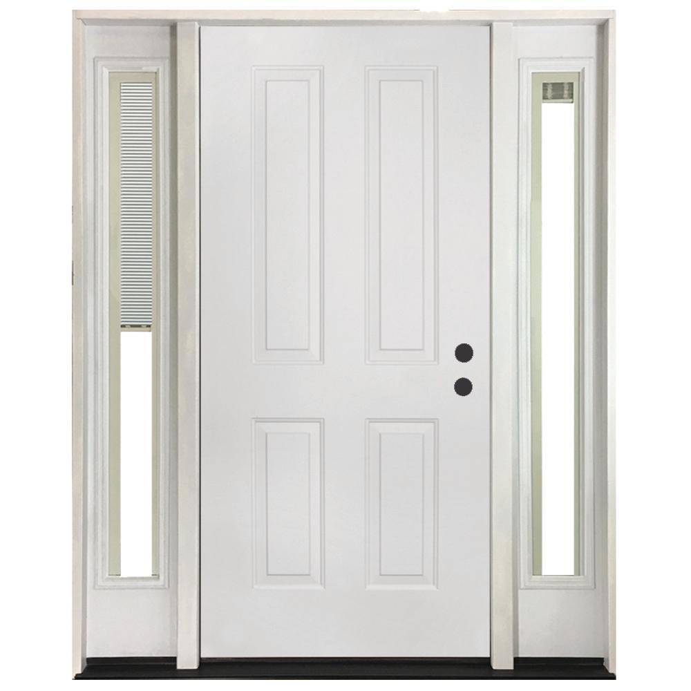 64 in. x 80 in. 4-Panel Primed White Right-Hand Steel Prehung Front Door with 12 in. Mini Blind Sidelites 4 in. Wall - Super Arbor
