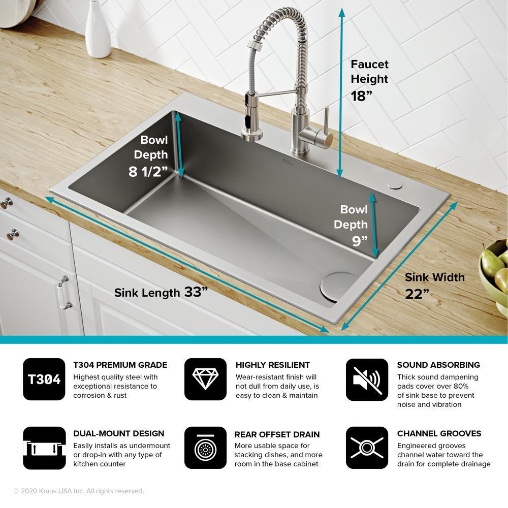 Loften All-in-One Dual Mount Drop-In Stainless Steel 33in. Single Bowl Kitchen Sink with Pull Down Faucet in Matte Black - Super Arbor
