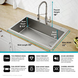 Loften All-in-One Dual Mount Drop-In Stainless Steel 33in. Single Bowl Kitchen Sink with Pull Down Faucet in Matte Black - Super Arbor