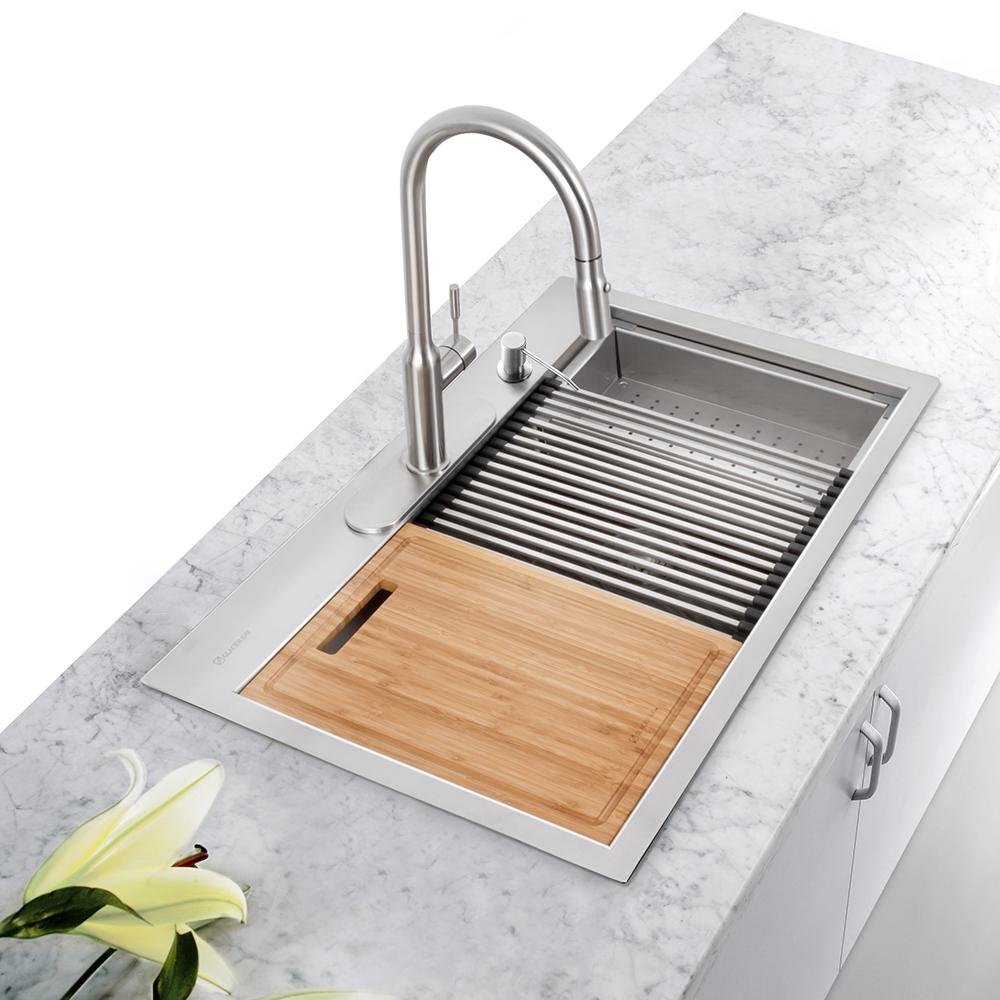 All-in-One Drop-In Stainless Steel 27 in. 4-Hole Single Bowl Kitchen Workstation Sink with Faucet and Accessories - Super Arbor