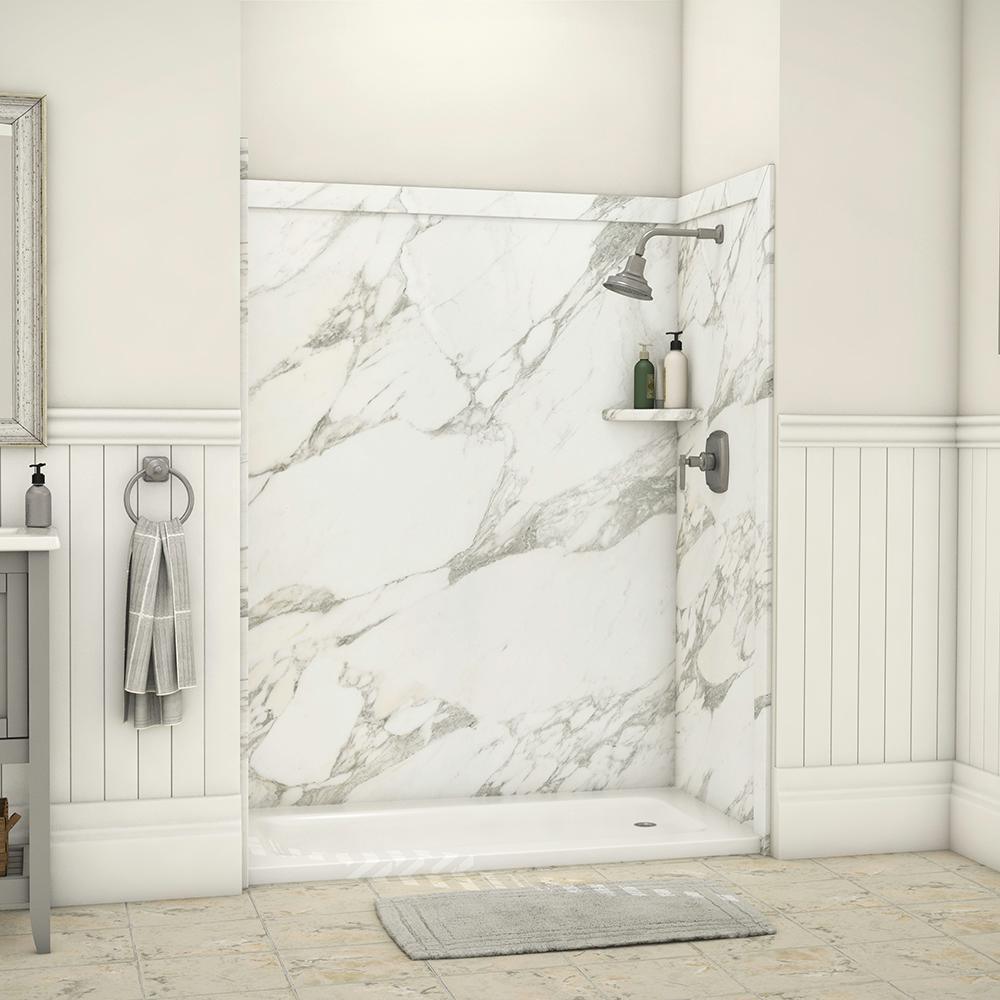 Royale 36 in. x 60 in. x 80 in. 11-Piece Easy Up Adhesive Alcove Bathtub/Shower Wall Surround in Calacatta White - Super Arbor