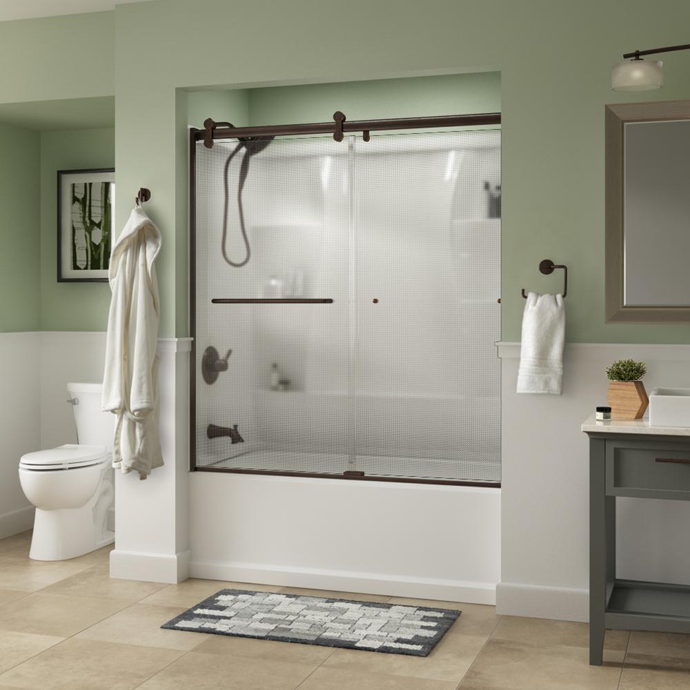 Simplicity 60 x 58-3/4 in. Frameless Contemporary Sliding Bathtub Door in Bronze with Rain Glass - Super Arbor