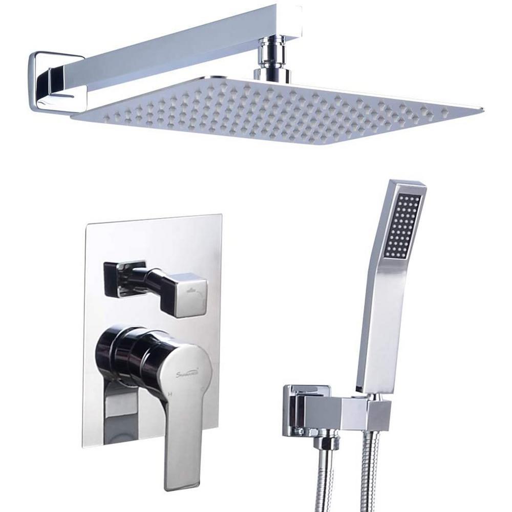1-Spray Patterns with 2.66 GPM 10 in. Wall Mount Dual Shower Heads with Rough-In Valve Body and Trim in Brushed Gold - Super Arbor