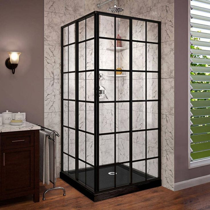 DreamLine French Corner 42 in. x 72 in. Semi-Frameless Sliding Shower Door in Satin Black with 42 in. x 42 in. Base in Black