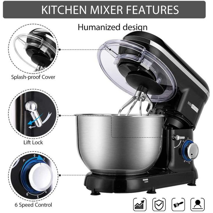 650-Watt 6 Qt. 6- Speed Black Tilt-Head Kitchen Stand Mixer with Beater, Dough Hook and Wire Whip