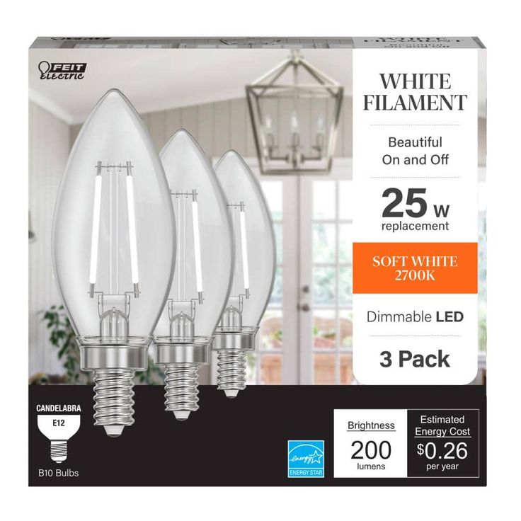 Feit Electric 25-Watt Equivalent (2700K) B10 Dimmable Filament LED Clear Glass Light Bulb, Soft White (12-Pack)