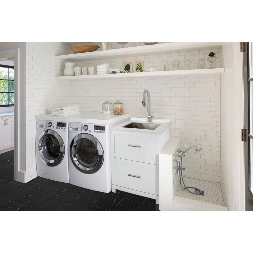 All-in-One 29 in. x 25.5 in. Stainless Steel Quartz Undermount Laundry/Utility Sink and Cabinet with Faucet in White - Super Arbor