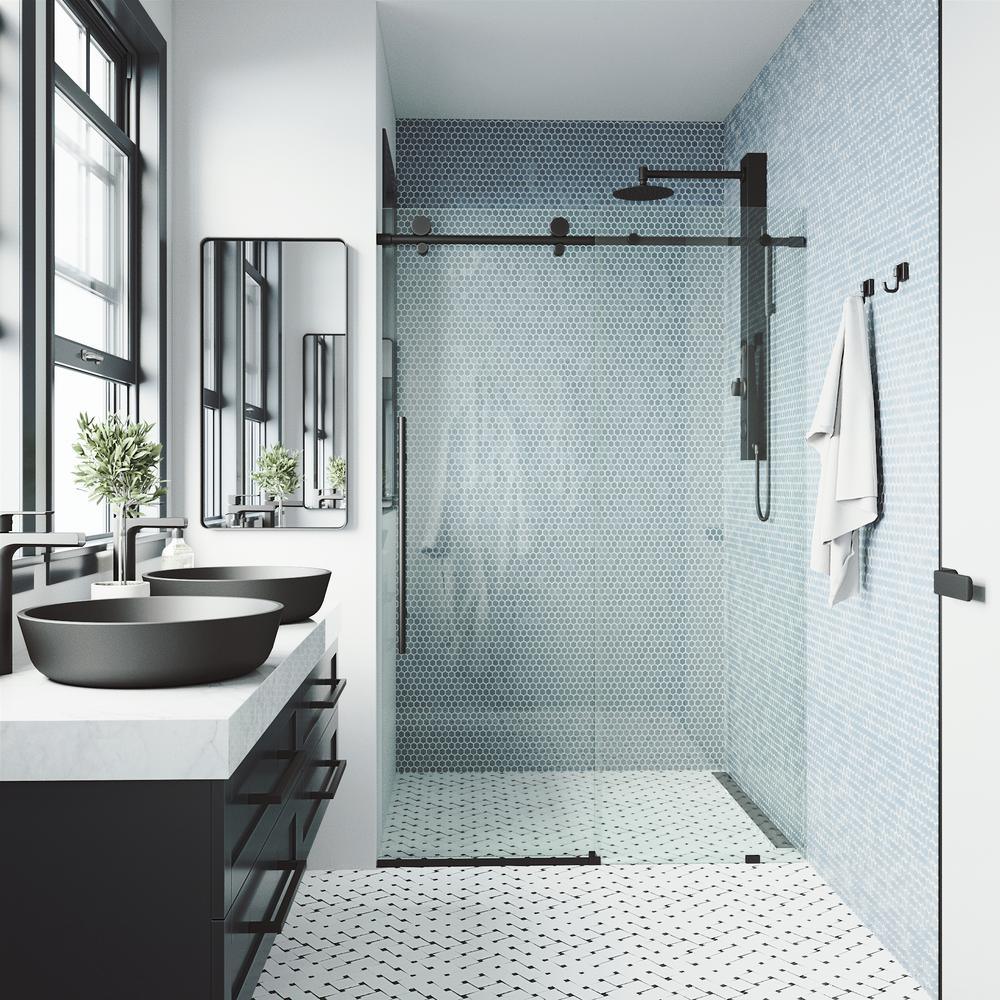 Elan E-class 60 in. x 76 in. Frameless Sliding Shower Door in Matte Black with Clear Glass and Handle - Super Arbor