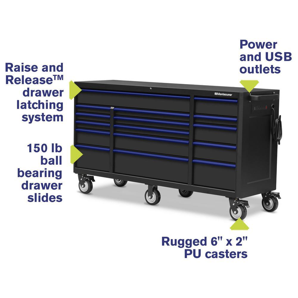 72 in. x 24 in. 16-Drawer Roller Cabinet Tool Chest with Power and USB Outlets in Black and Blue - Super Arbor