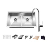 All-in-One Undermount Stainless Steel 33 in. 50/50 Double Bowl Workstation Kitchen Sink with Faucet and Accessories - Super Arbor