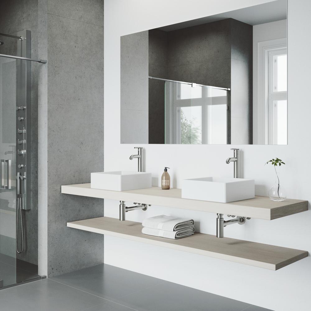 Dianthus White Matte Stone Vessel Bathroom Sink and Seville Bathroom Vessel Faucet in Brushed Nickel - Super Arbor
