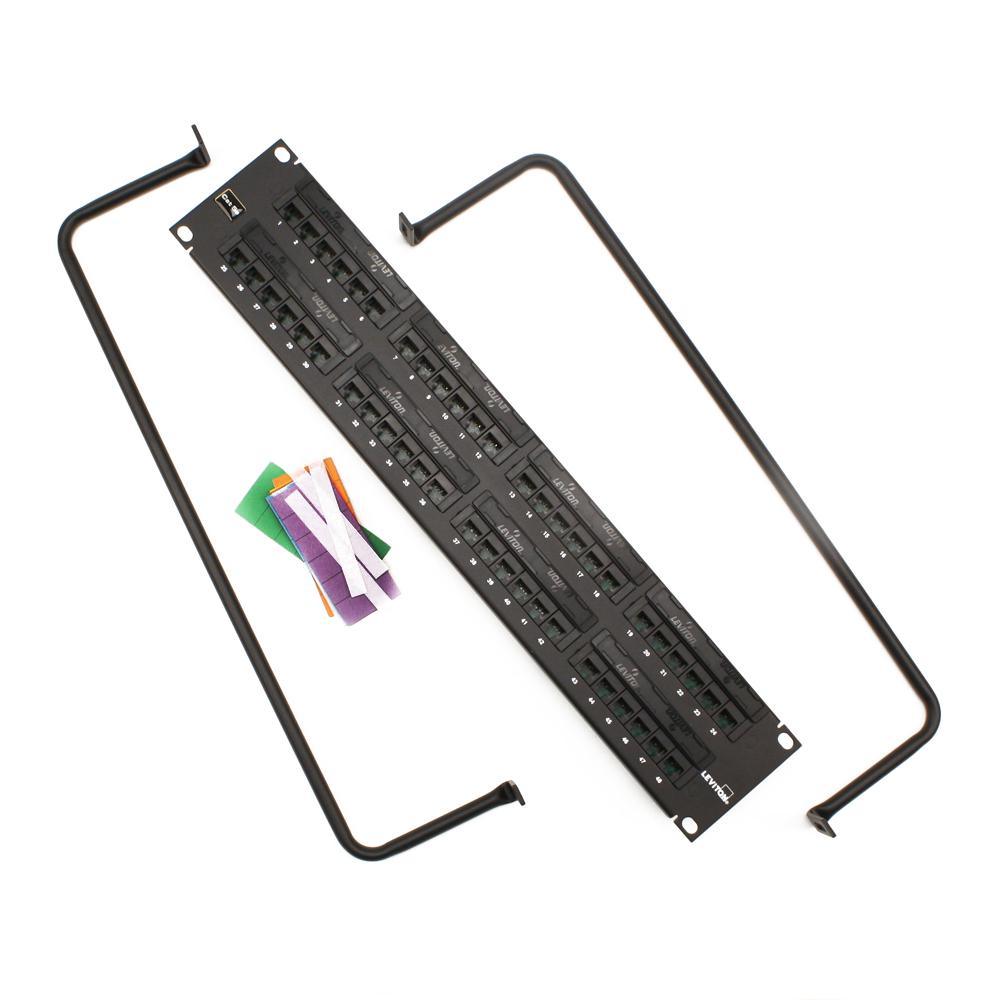 GigaMax 48-Port Cat 5e Universal 2RU Patch Panel with Cable Management Bar, Black - Super Arbor