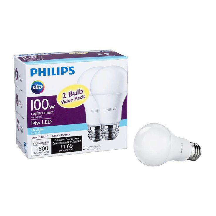 Philips 100-Watt Equivalent A19 Non-Dimmable Energy Saving LED Light Bulb Daylight (5000K) (2-Pack)