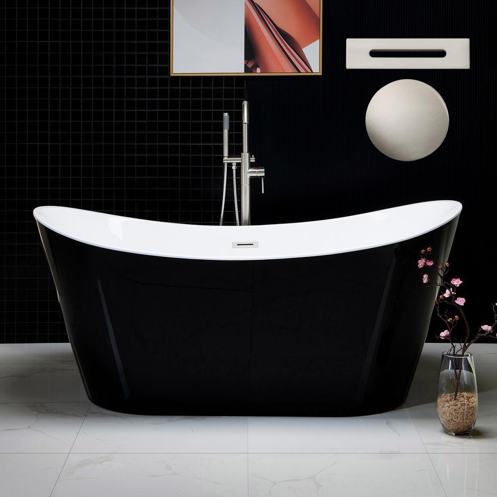 Rolande 67 in. Acrylic Freestanding Double Slipper Flat Bottom Soaking Bathtub with Drain and Overflow Included in Black - Super Arbor