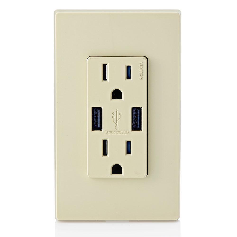3.6A USB Dual Type A In-Wall Charger with 15 Amp Tamper-Resistant Outlets, Ivory - Super Arbor