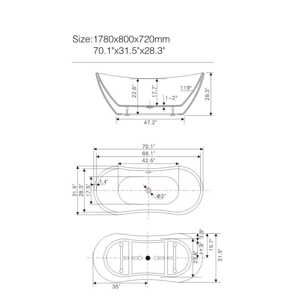 Mulhouse 71 in. Acrylic Flatbottom Freestanding Bathtub in White - Super Arbor