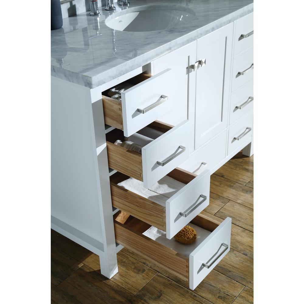 Cambridge 55 in. Bath Vanity in White with Marble Vanity Top in Carrara White with White Basin - Super Arbor