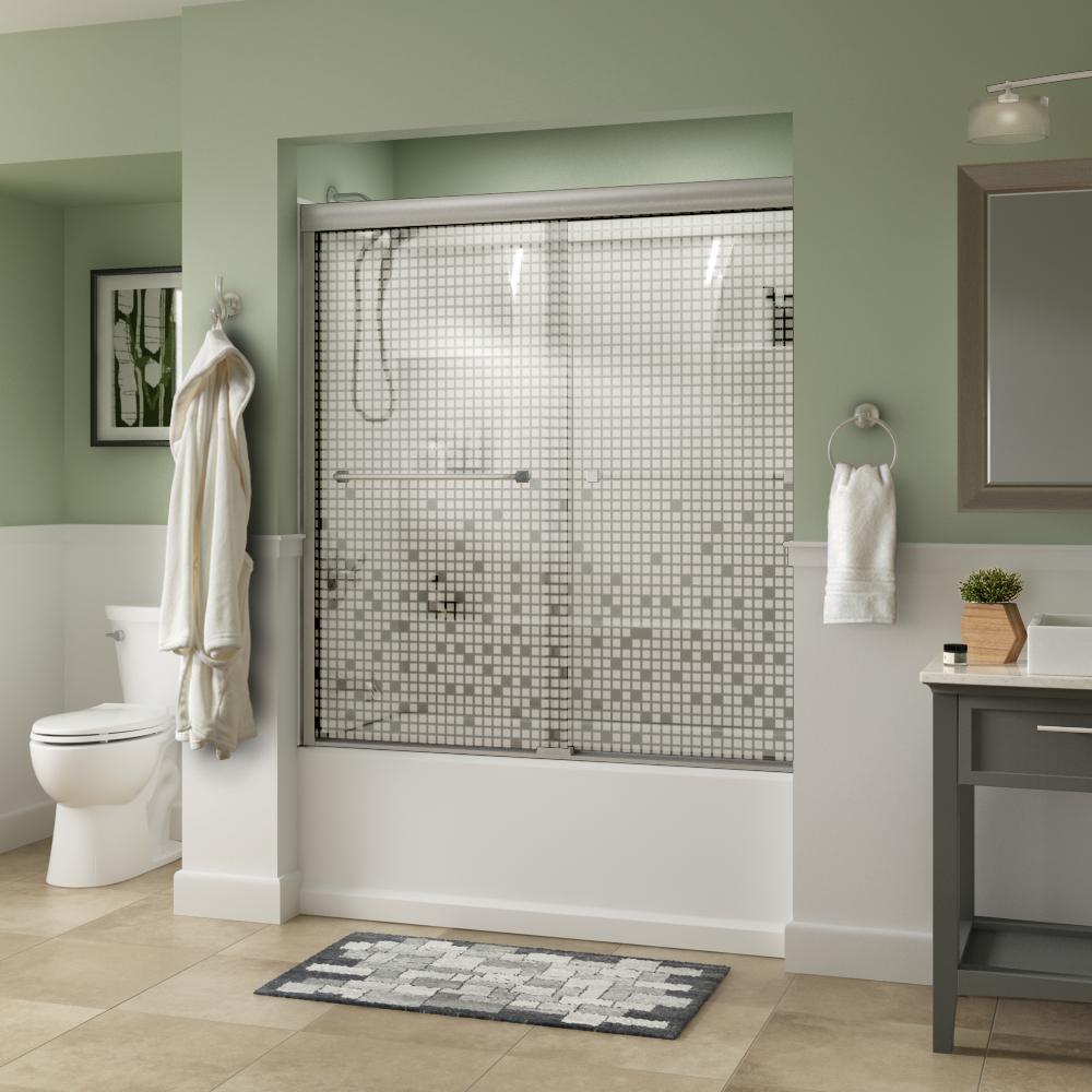 Everly 60 in. x 58-1/8 in. Traditional Semi-Frameless Sliding Bathtub Door in Nickel and 1/4 in. (6mm) Niebla Glass - Super Arbor