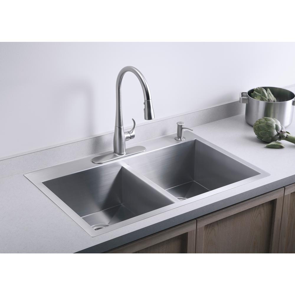 Vault Dual Mount Stainless Steel 33 in. 4-Hole Double Bowl Kitchen Sink with Basin Rack - Super Arbor