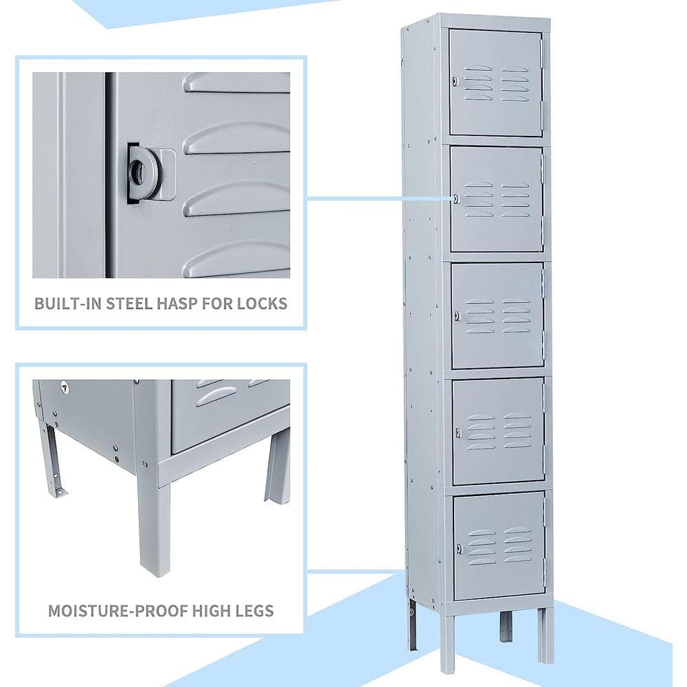 LISSIMO 5 Door 5-Shelf Gray Storage Lockers with Lock Door, Metal Storage Cabinet 5 Tier for Employees, School,Gym, Home, Office