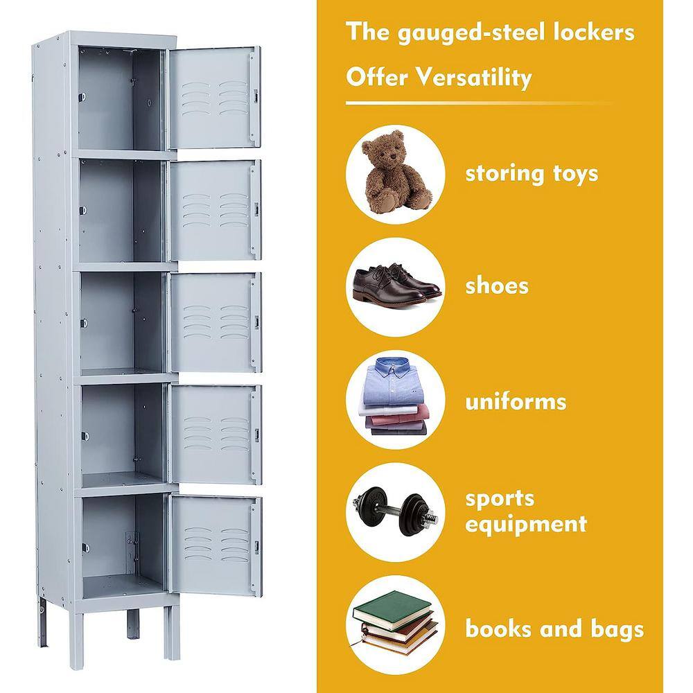 LISSIMO 5 Door 5-Shelf Gray Storage Lockers with Lock Door, Metal Storage Cabinet 5 Tier for Employees, School,Gym, Home, Office