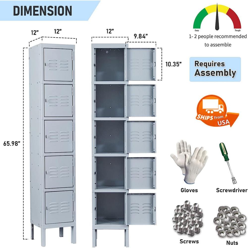 LISSIMO 5 Door 5-Shelf Gray Storage Lockers with Lock Door, Metal Storage Cabinet 5 Tier for Employees, School,Gym, Home, Office