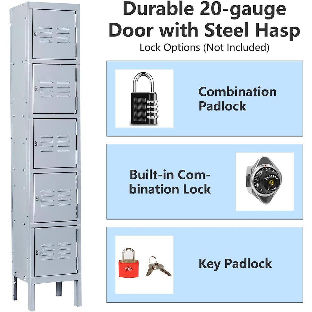 LISSIMO 5 Door 5-Shelf Gray Storage Lockers with Lock Door, Metal Storage Cabinet 5 Tier for Employees, School,Gym, Home, Office