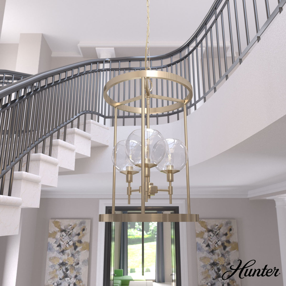 Hunter Xidane 3-Light Alturas Gold Mid-century Clear Glass Geometric LED Medium Hanging Kitchen Island Light